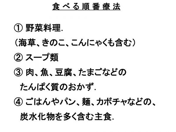 食べる順番療法　①野菜料理（海草、きのこ、こんにゃくも含む）②スープ類③肉、魚、豆腐、たまごなどのたんぱく質のおかず④ごはんやパン、麺、カボチャなどの、炭水化物を多く含む主食